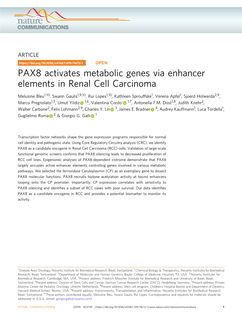 PAX8 Activates Metabolic Genes Via Enhancer Elements in Renal Cell Carcinoma