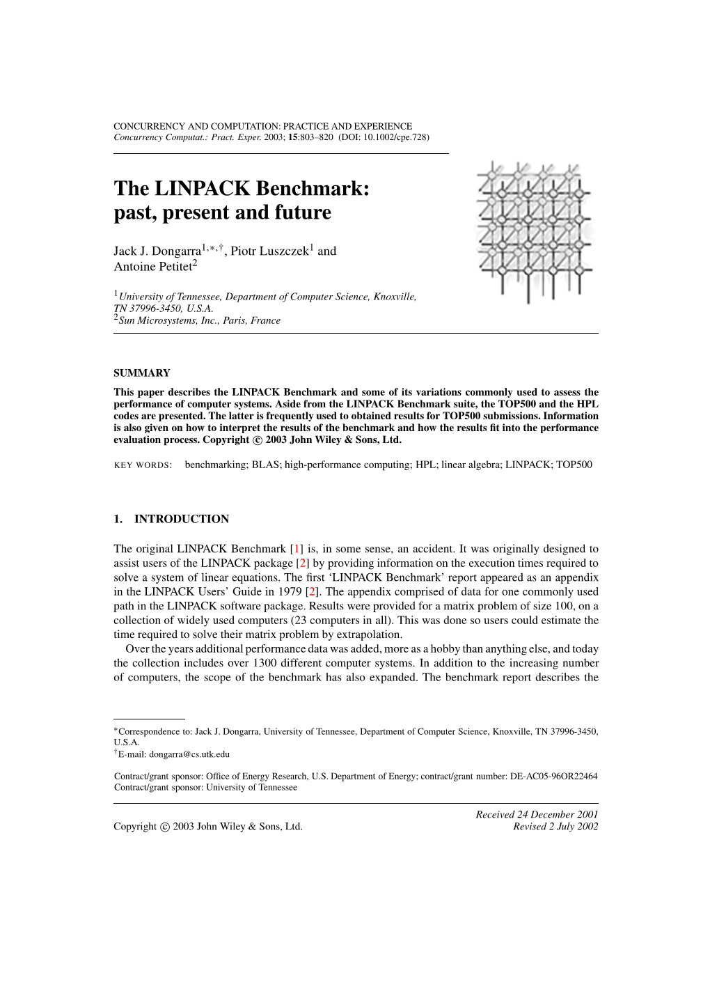 The LINPACK Benchmark: Past, Present and Future