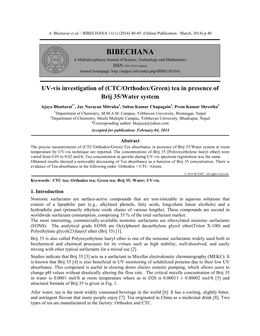 UV-Vis Investigation of (CTC/Orthodox/Green) Tea in Presence of Brij 35/Water System