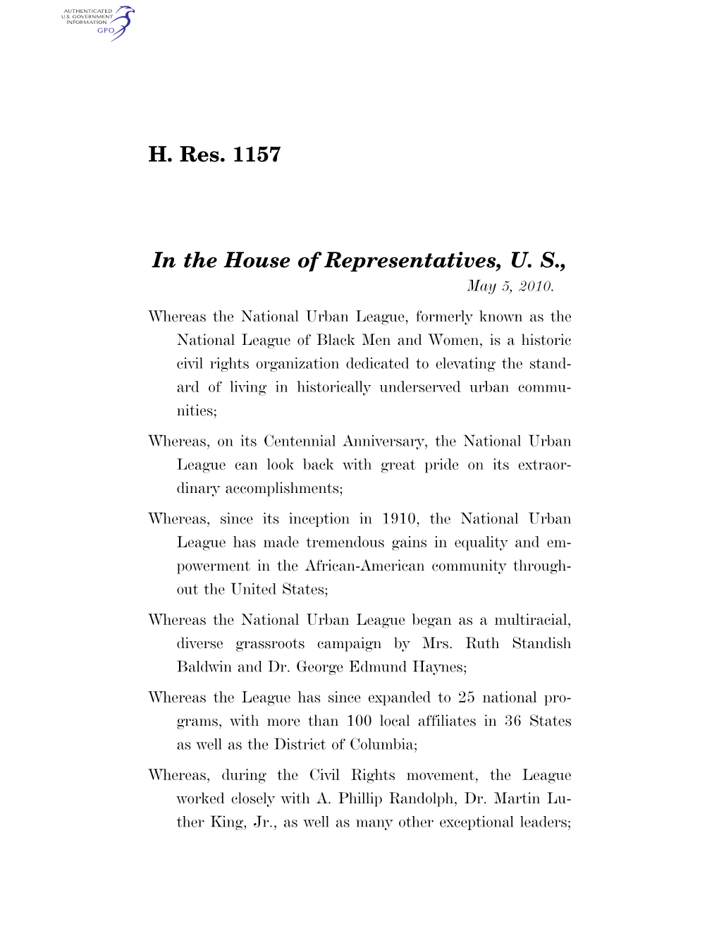 H. Res. 1157 in the House of Representatives, U