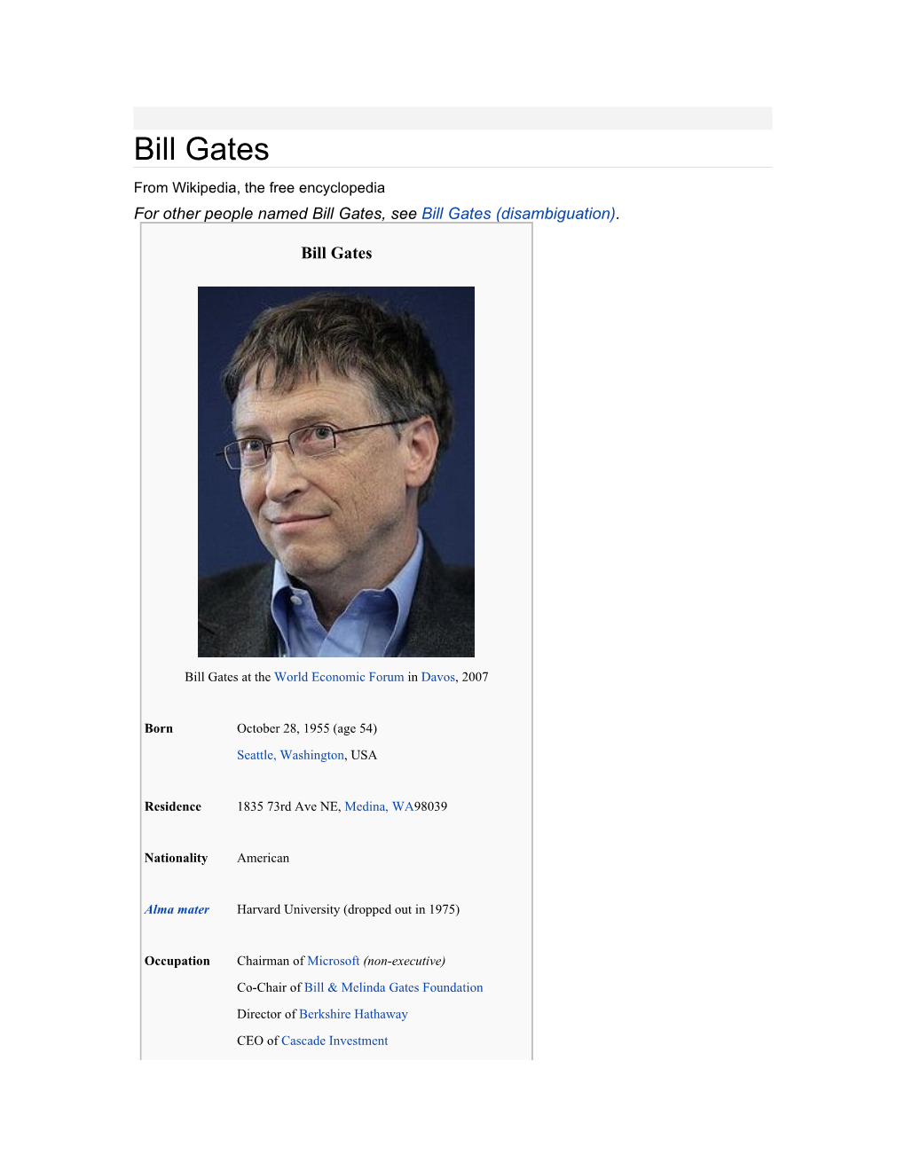 Bill Gates from Wikipedia, the Free Encyclopedia for Other People Named Bill Gates, See Bill Gates (Disambiguation)