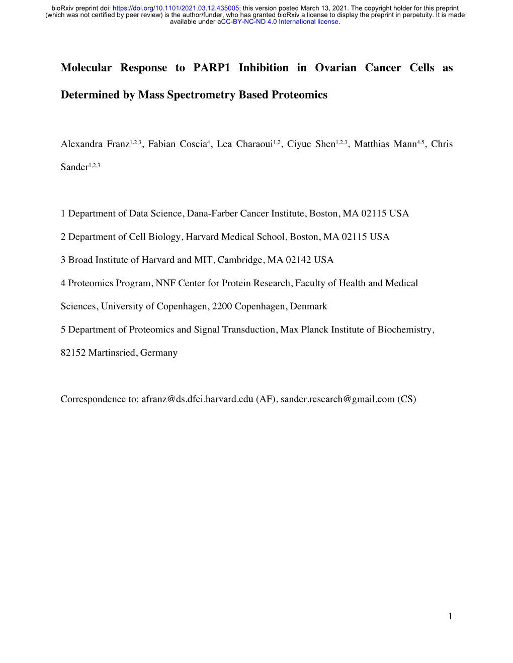 Molecular Response to PARP1 Inhibition in Ovarian Cancer Cells As