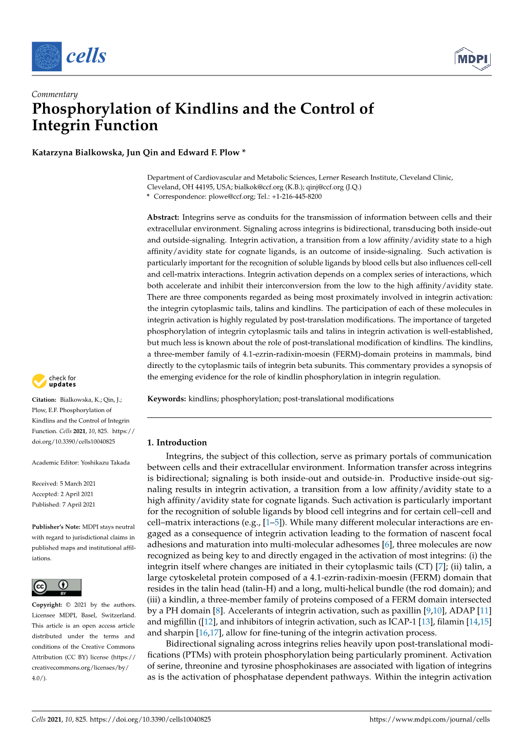 Phosphorylation of Kindlins and the Control of Integrin Function