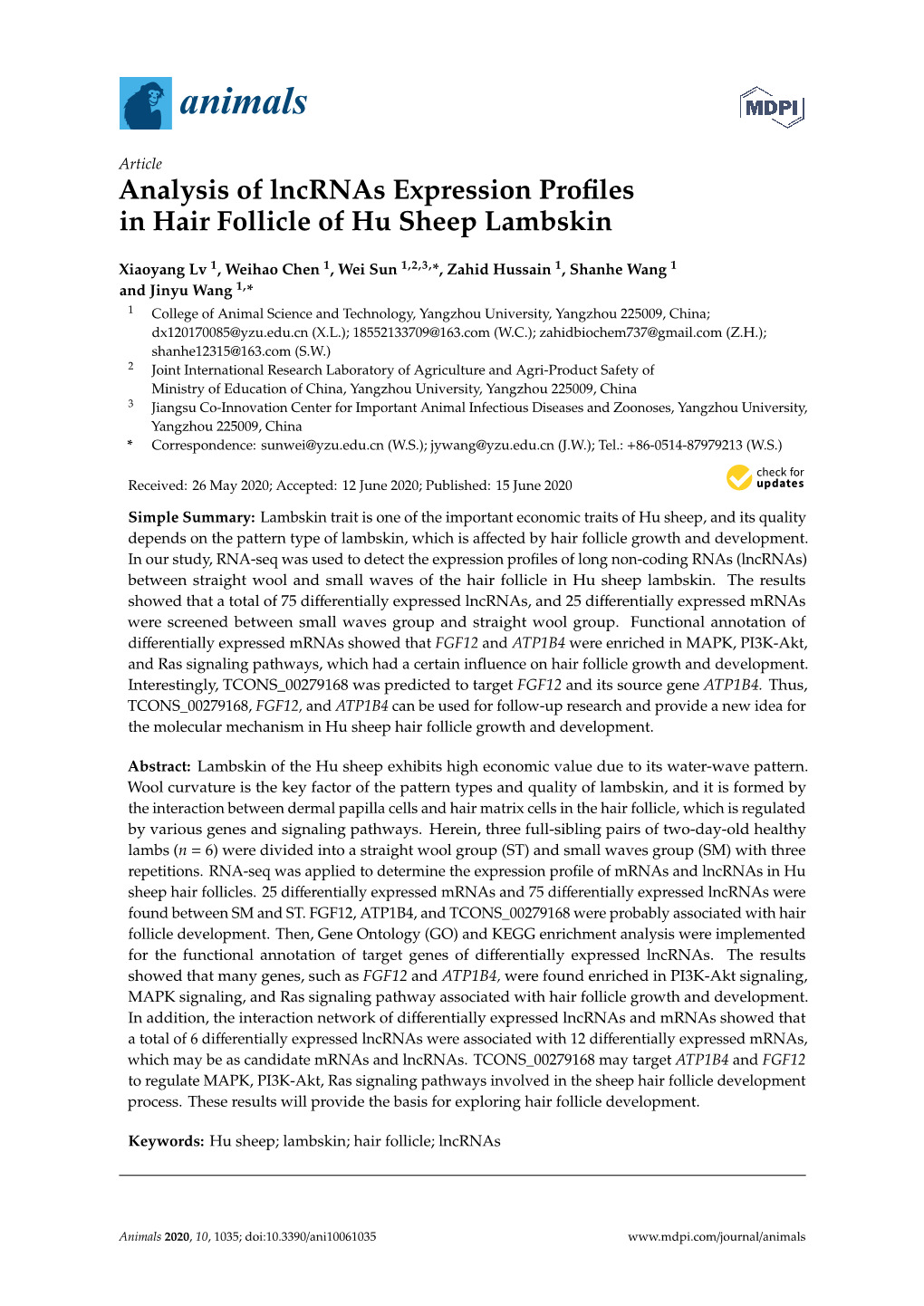 Analysis of Lncrnas Expression Profiles in Hair Follicle of Hu Sheep