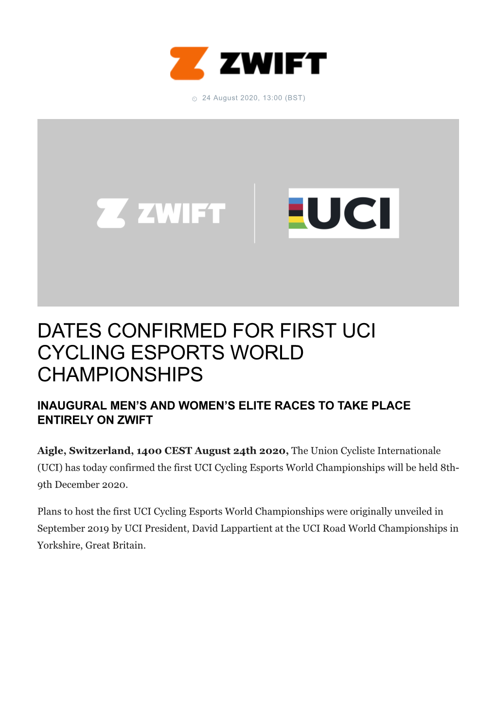 Dates Confirmed for First Uci Cycling Esports World Championships