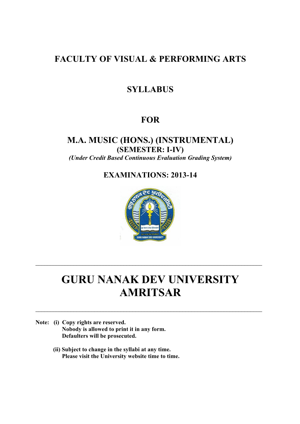 Faculty of Visual & Performing Arts Syllabus for Ma Music