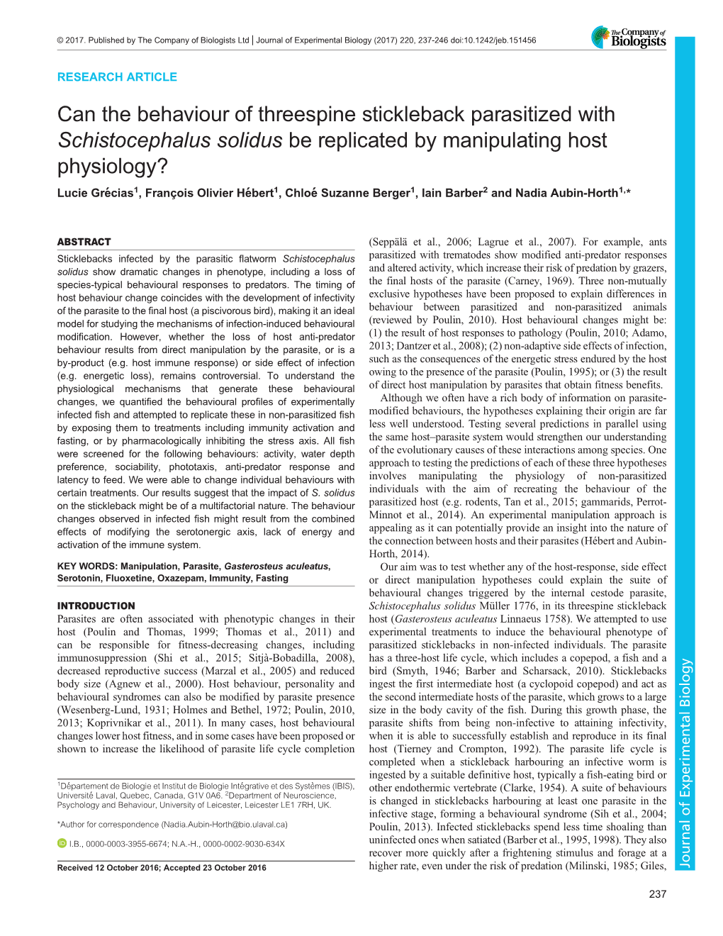 Can the Behaviour of Threespine Stickleback Parasitized With