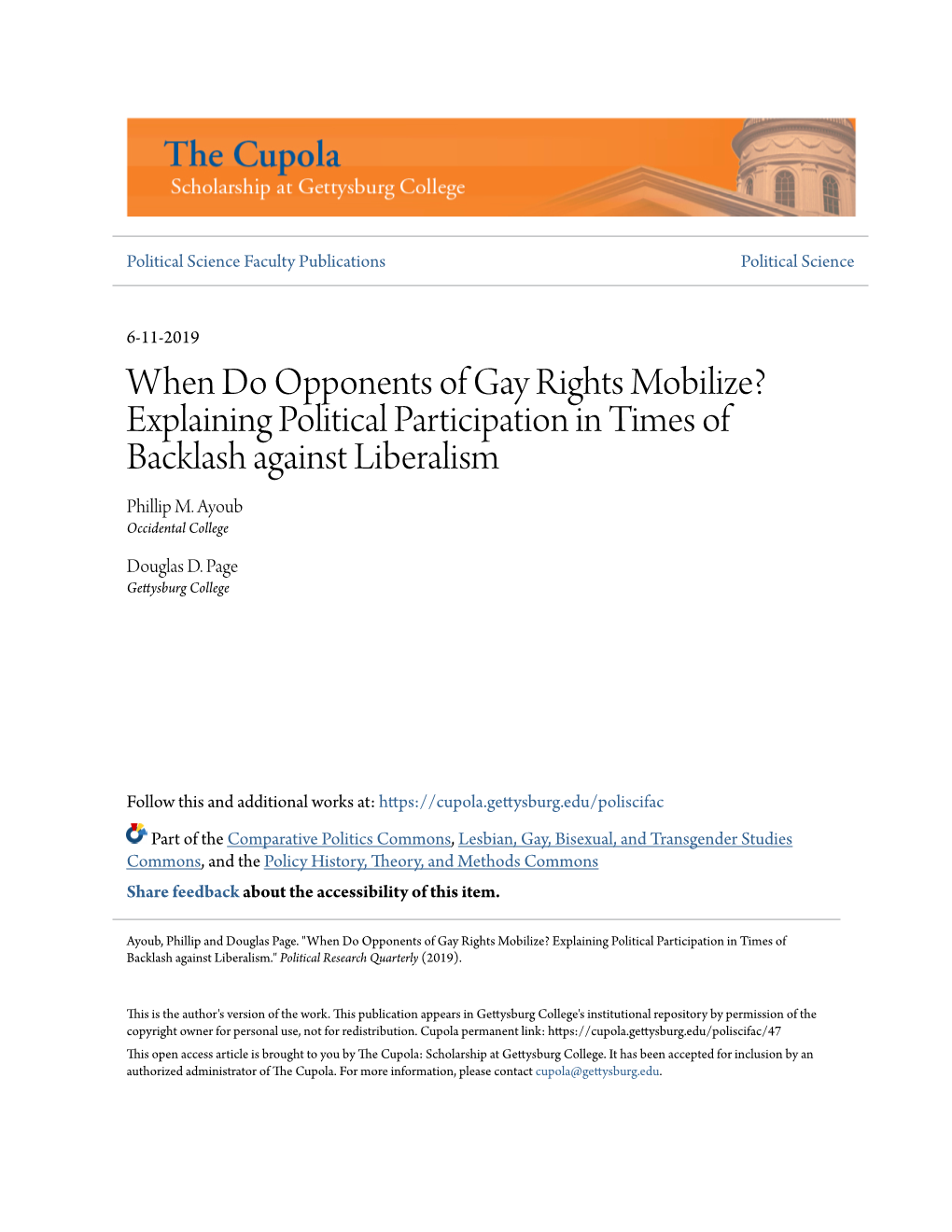 When Do Opponents of Gay Rights Mobilize? Explaining Political Participation in Times of Backlash Against Liberalism Phillip M