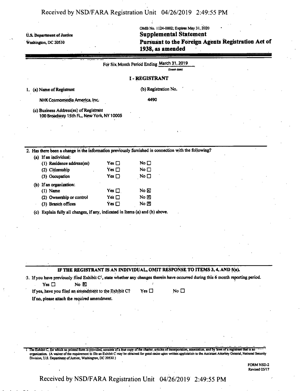 NSD/FARA Registration Unit 04/26/2019 2:49:55 PM