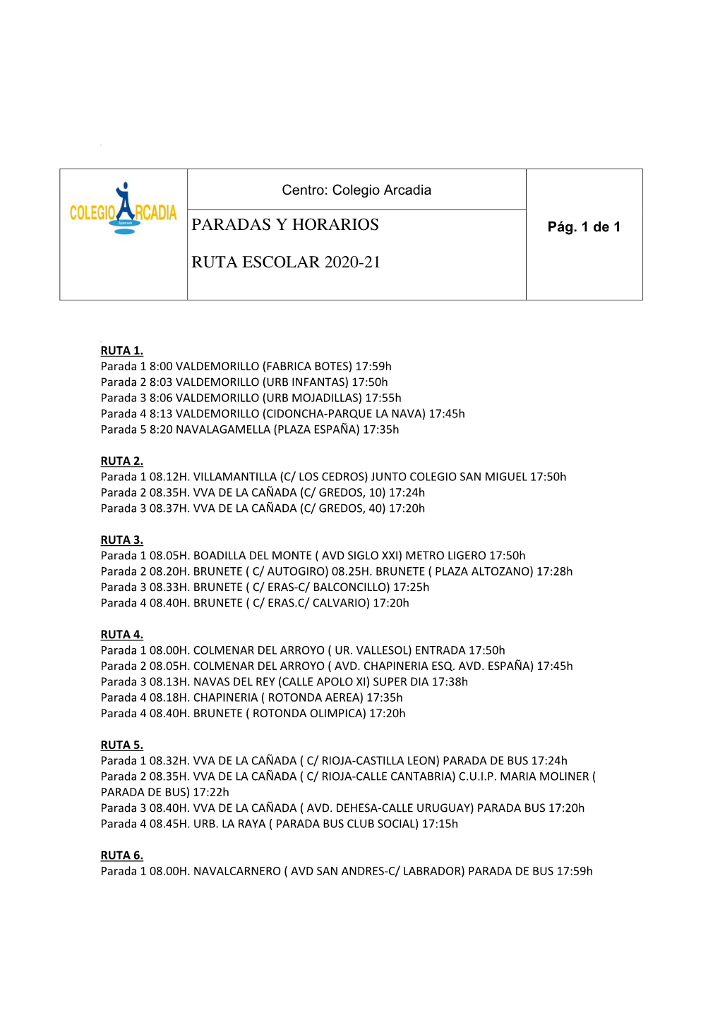 Paradas Y Horarios Ruta Escolar 2020-21