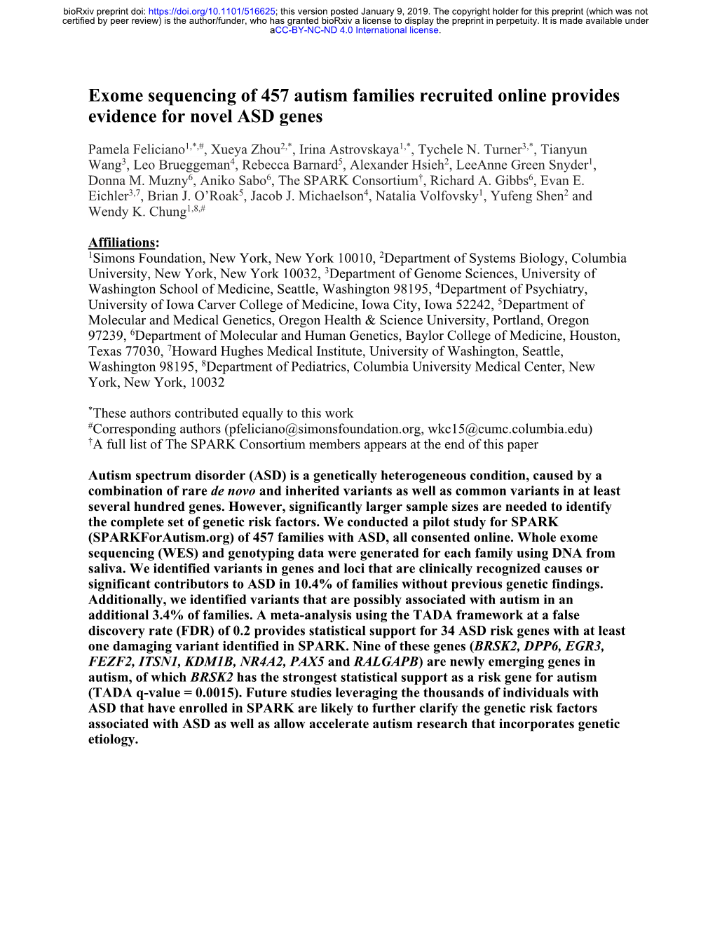 Exome Sequencing of 457 Autism Families Recruited Online Provides Evidence for Novel ASD Genes