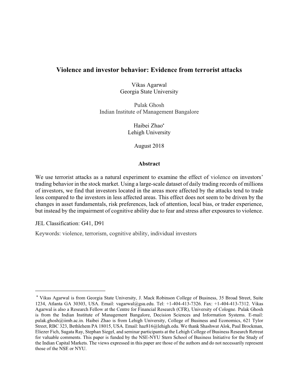 Violence and Investor Behavior: Evidence from Terrorist Attacks