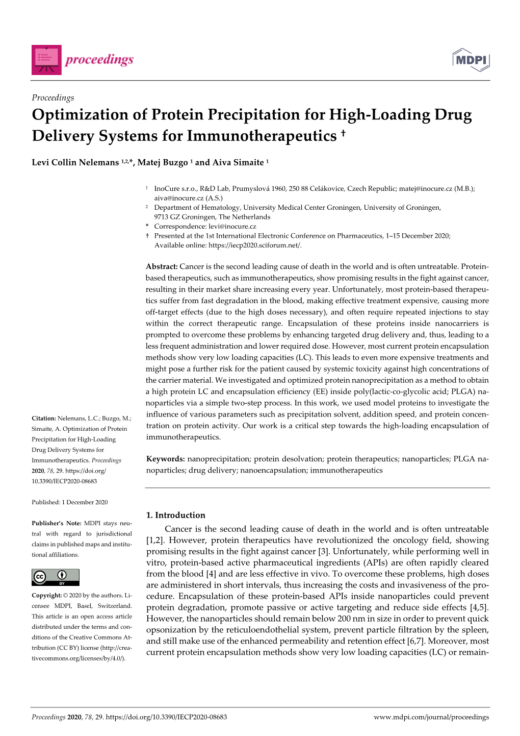 Optimization of Protein Precipitation for High-Loading Drug Delivery Systems for Immunotherapeutics †