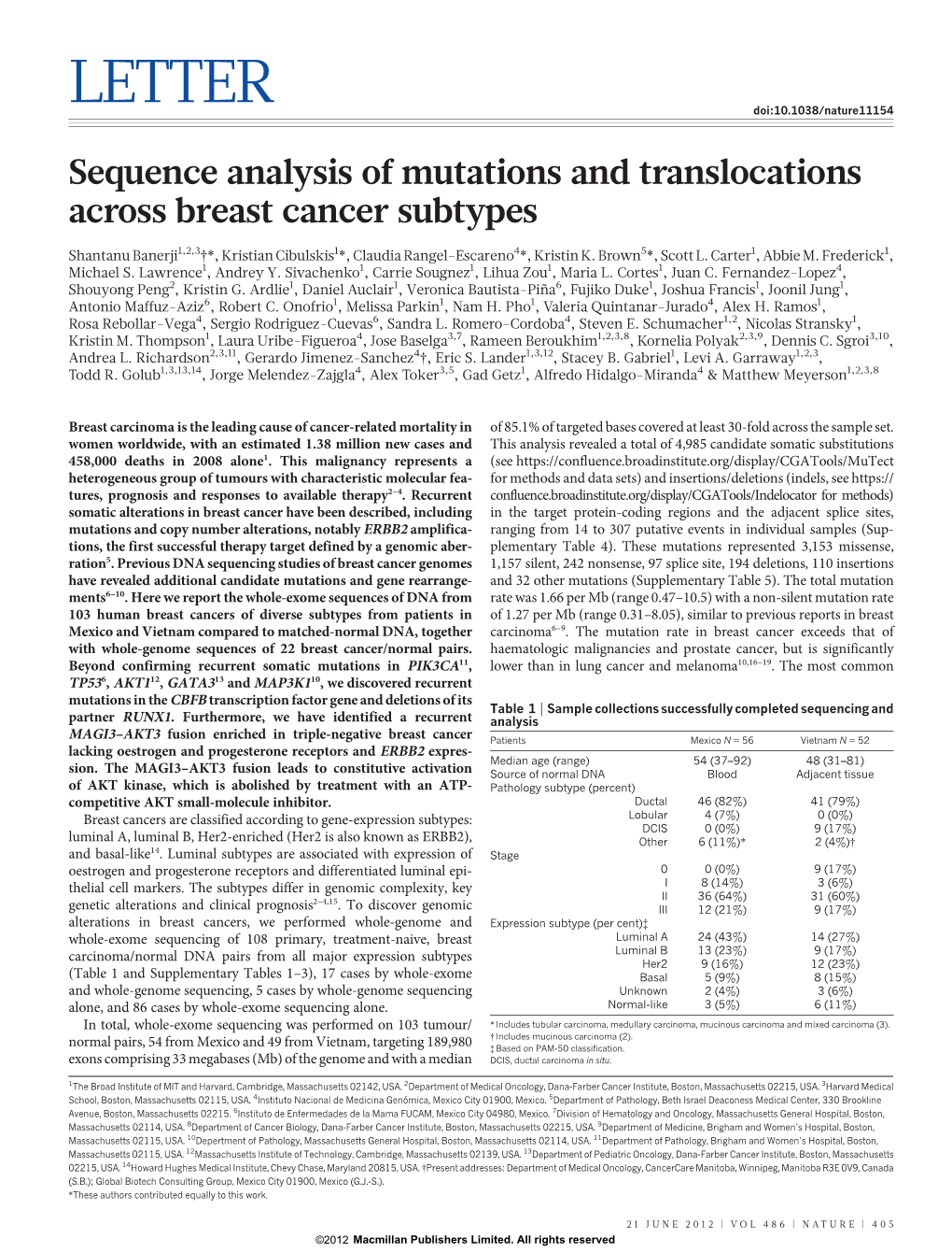 Sequence Analysis of Mutations and Translocations Across Breast Cancer Subtypes