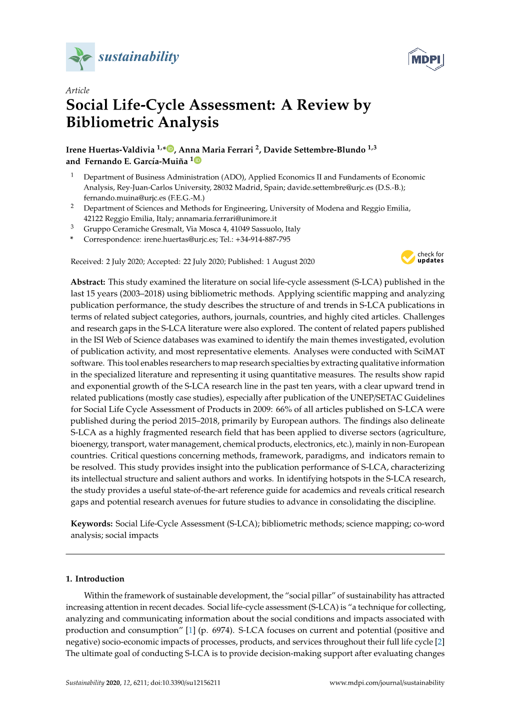 Social Life-Cycle Assessment: a Review by Bibliometric Analysis