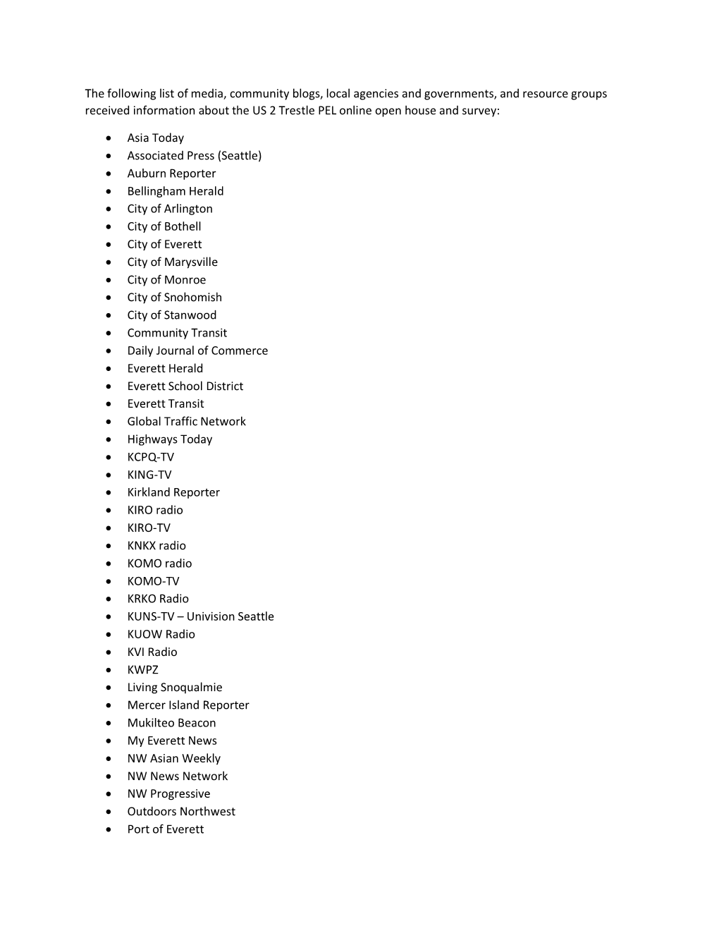 US 2 WB Trestle Study, Appendix Q Outreach List and Survey Questions