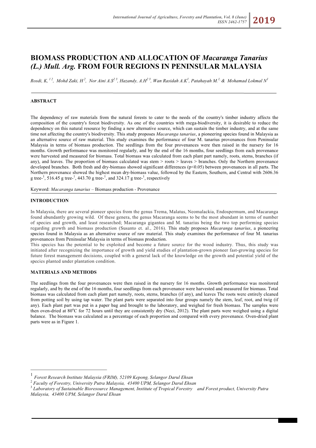 BIOMASS PRODUCTION and ALLOCATION of Macaranga Tanarius (L.) Mull