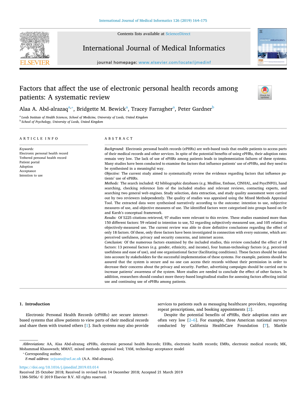 Factors That Affect the Use of Electronic Personal Health Records Among Patients a Systematic Review