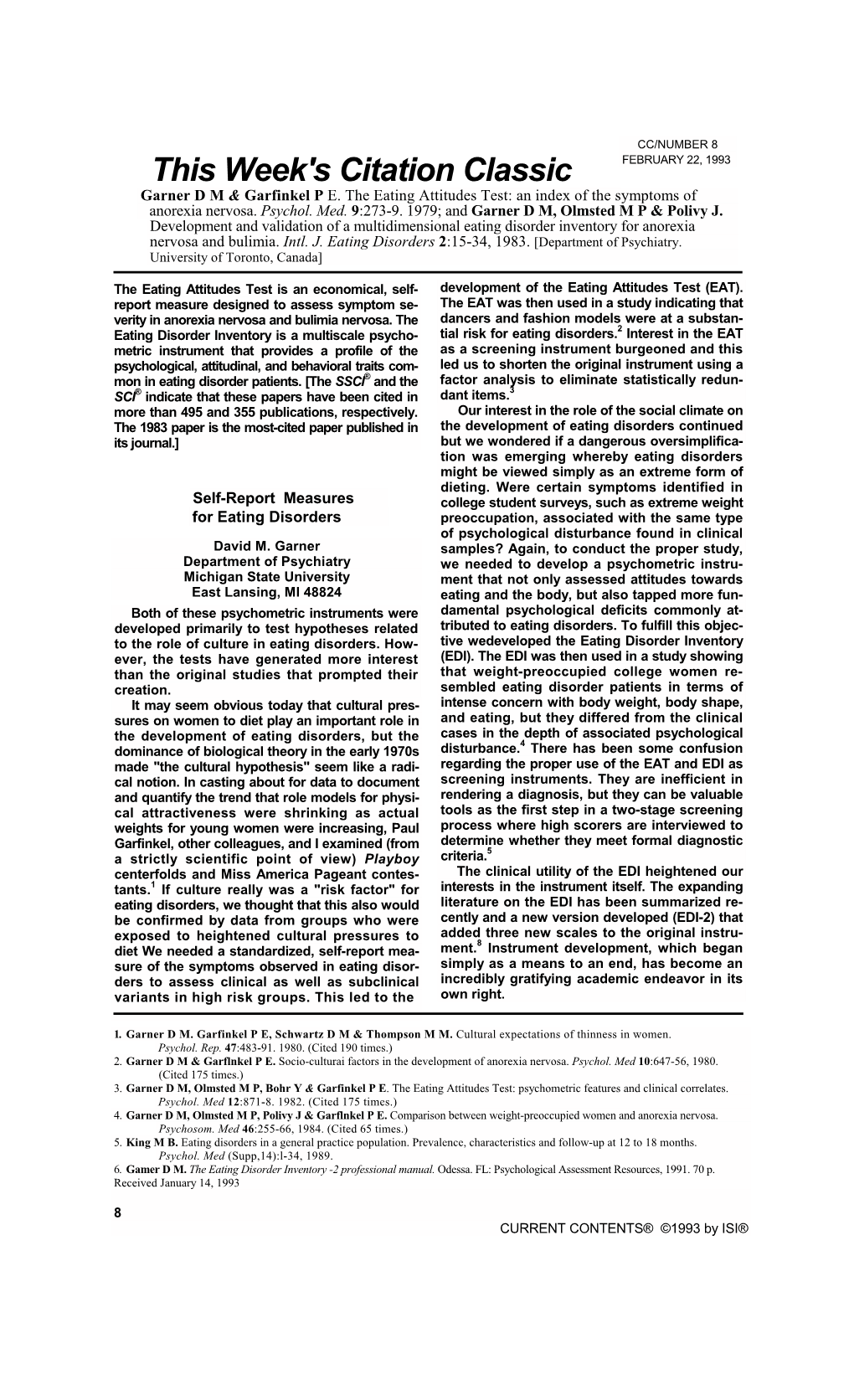 Garner D M & Garfinkel P E. the Eating Attitudes Test: an Index Of