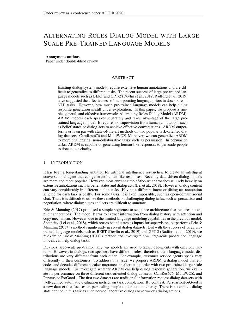 Alternating Roles Dialog Model with Large- Scale Pre-Trained Language