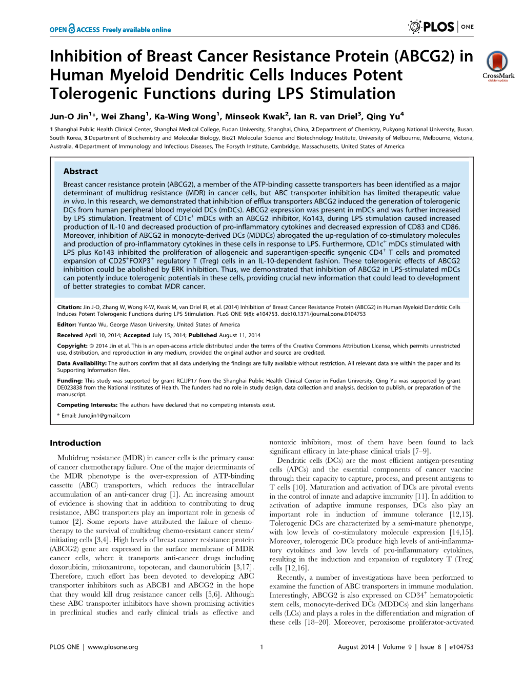 ABCG2) in Human Myeloid Dendritic Cells Induces Potent Tolerogenic Functions During LPS Stimulation