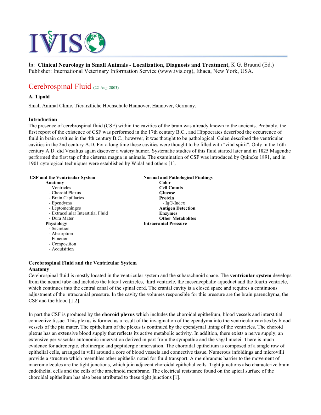 Cerebrospinal Fluid by A. Tipold; B0235.0803