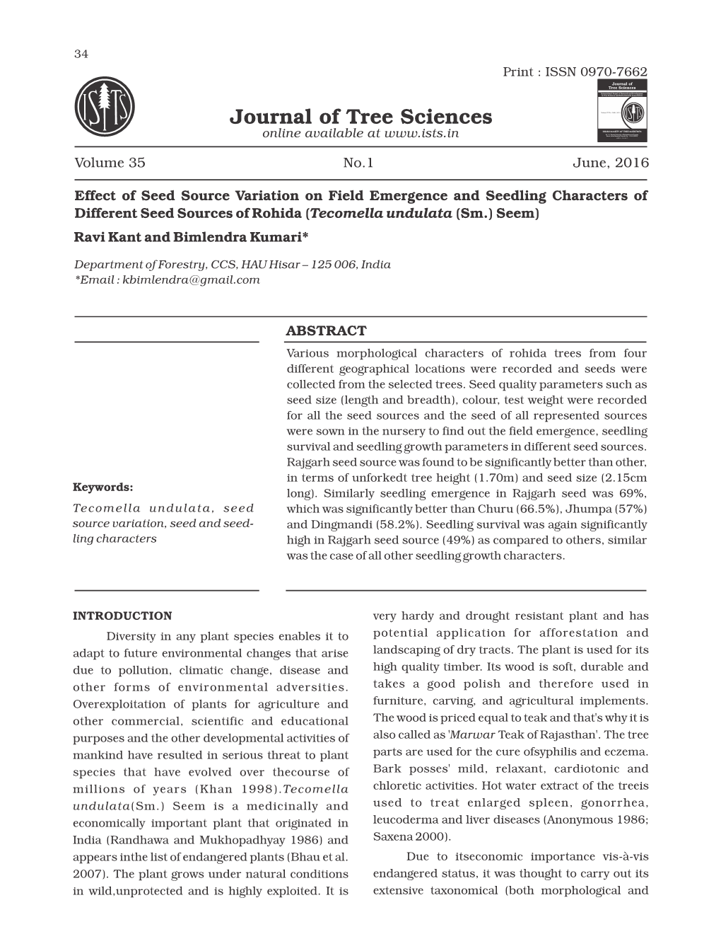 Journal of Tree Sciences