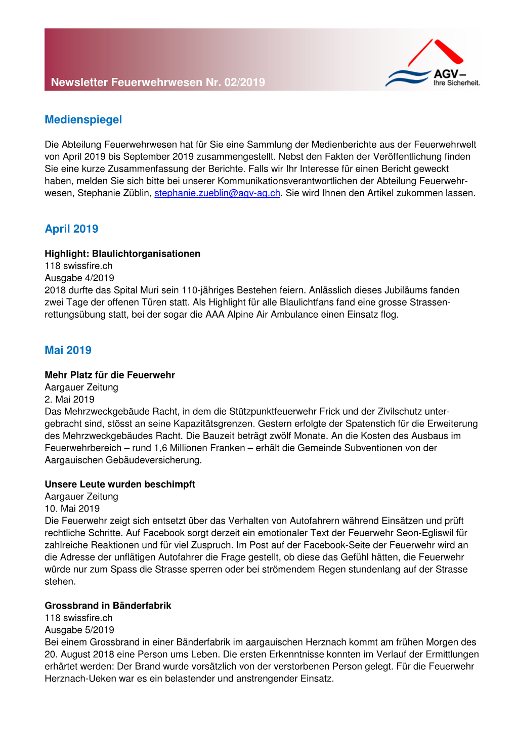 Medienspiegel April 2019 Mai 2019 Newsletter Feuerwehrwesen Nr. 02/2019