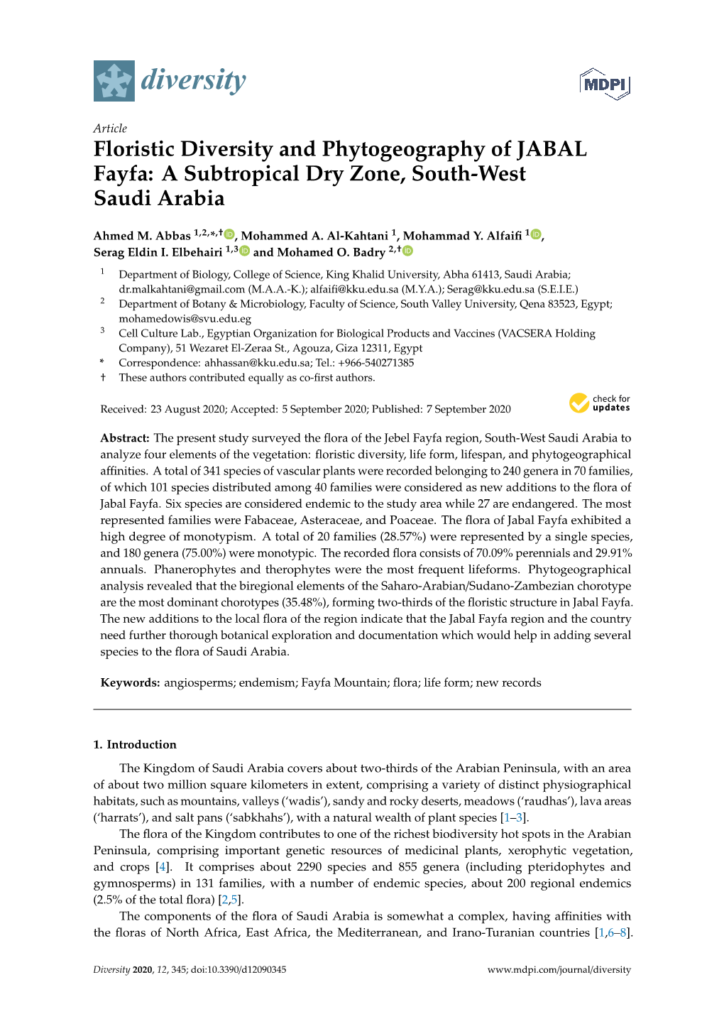 Floristic Diversity and Phytogeography of JABAL Fayfa: a Subtropical Dry Zone, South-West Saudi Arabia