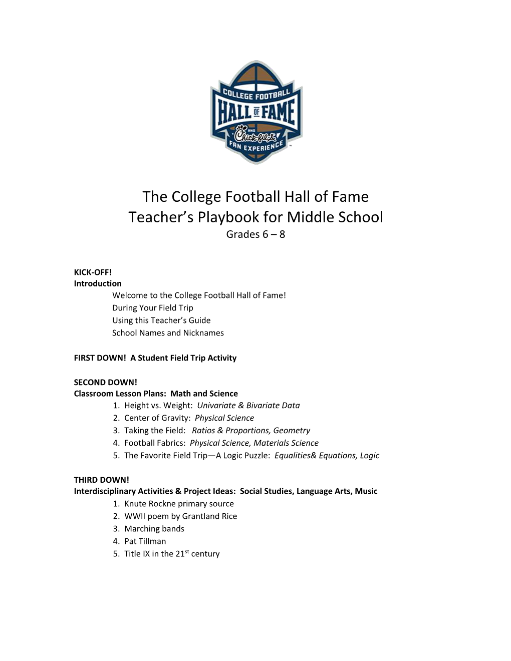 The College Football Hall of Fame Teacher's Playbook for Middle School