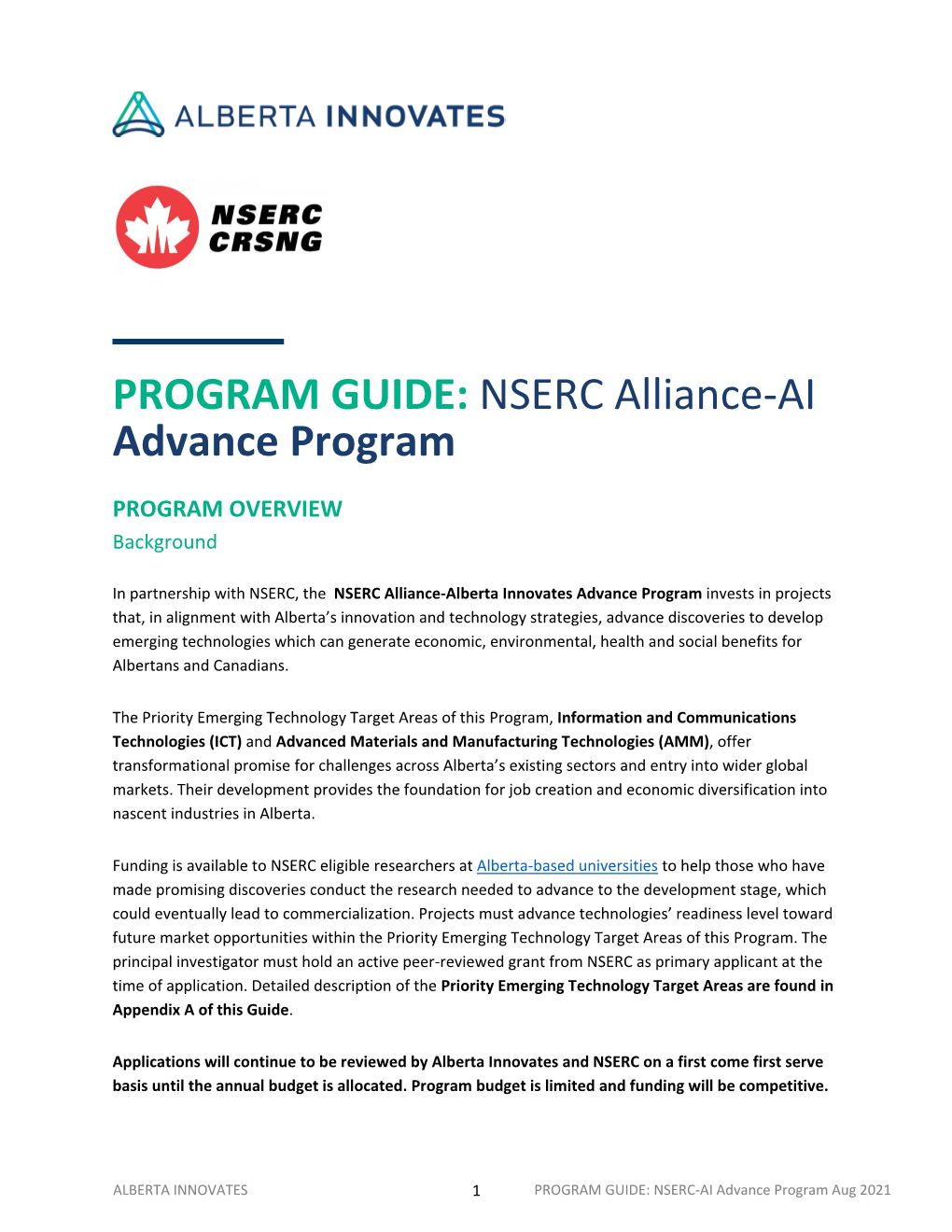 PROGRAM GUIDE: NSERC Alliance-AI Advance Program
