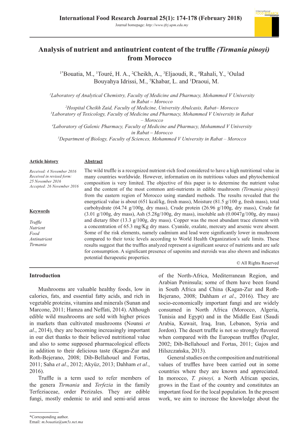 Analysis of Nutrient and Antinutrient Content of the Truffle(Tirmania Pinoyi) from Morocco