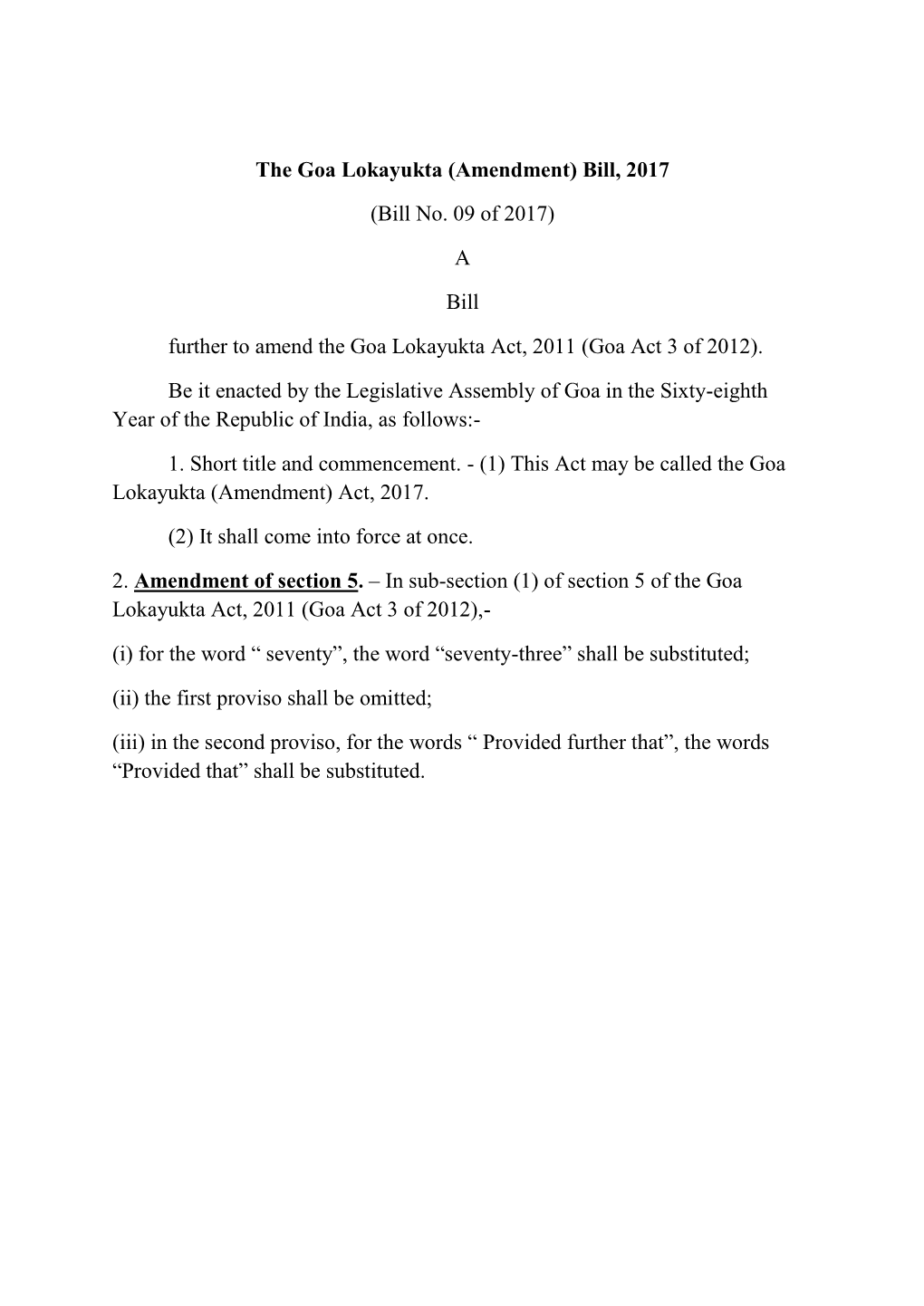 The Goa Lokayukta (Amendment) Bill, 2017