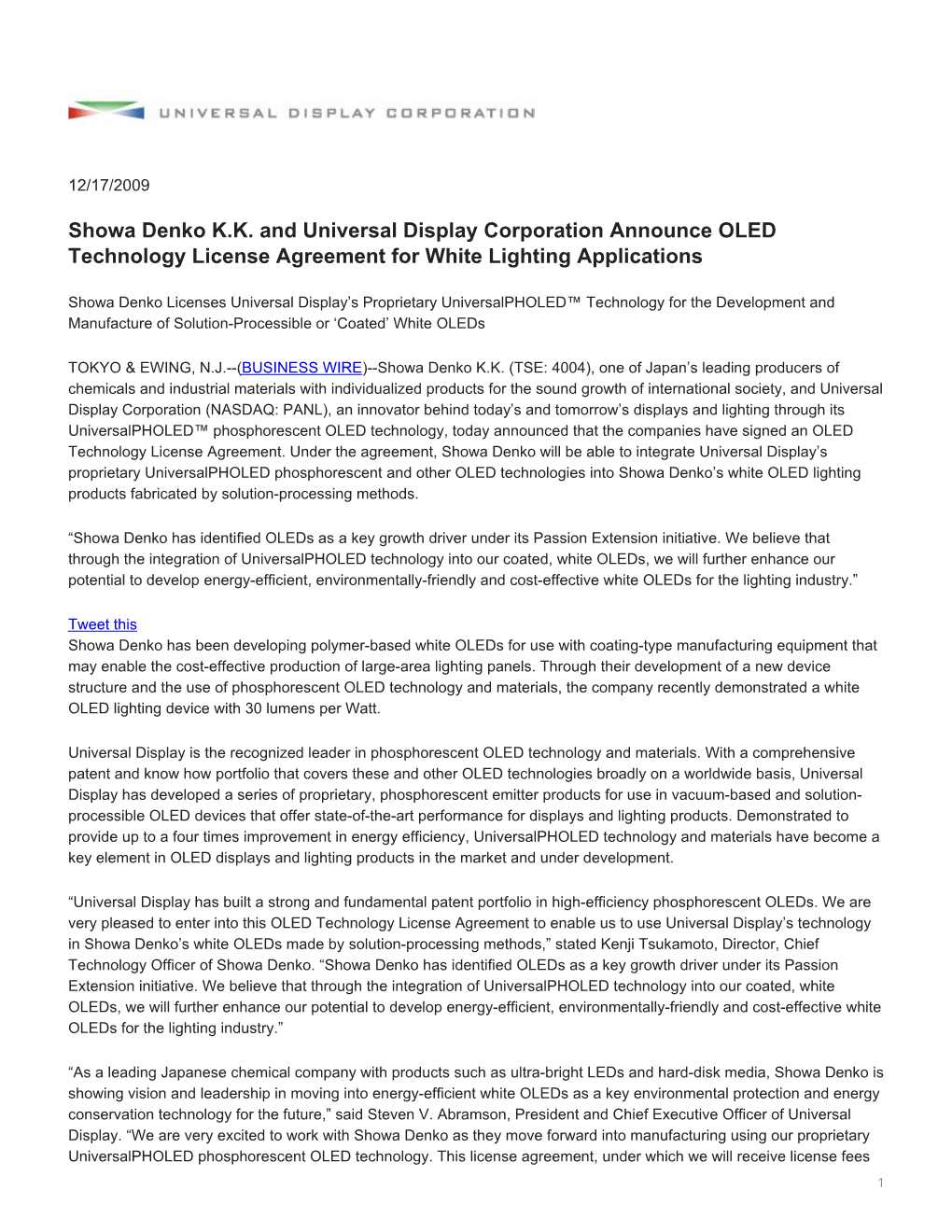 Showa Denko K.K. and Universal Display Corporation Announce OLED Technology License Agreement for White Lighting Applications