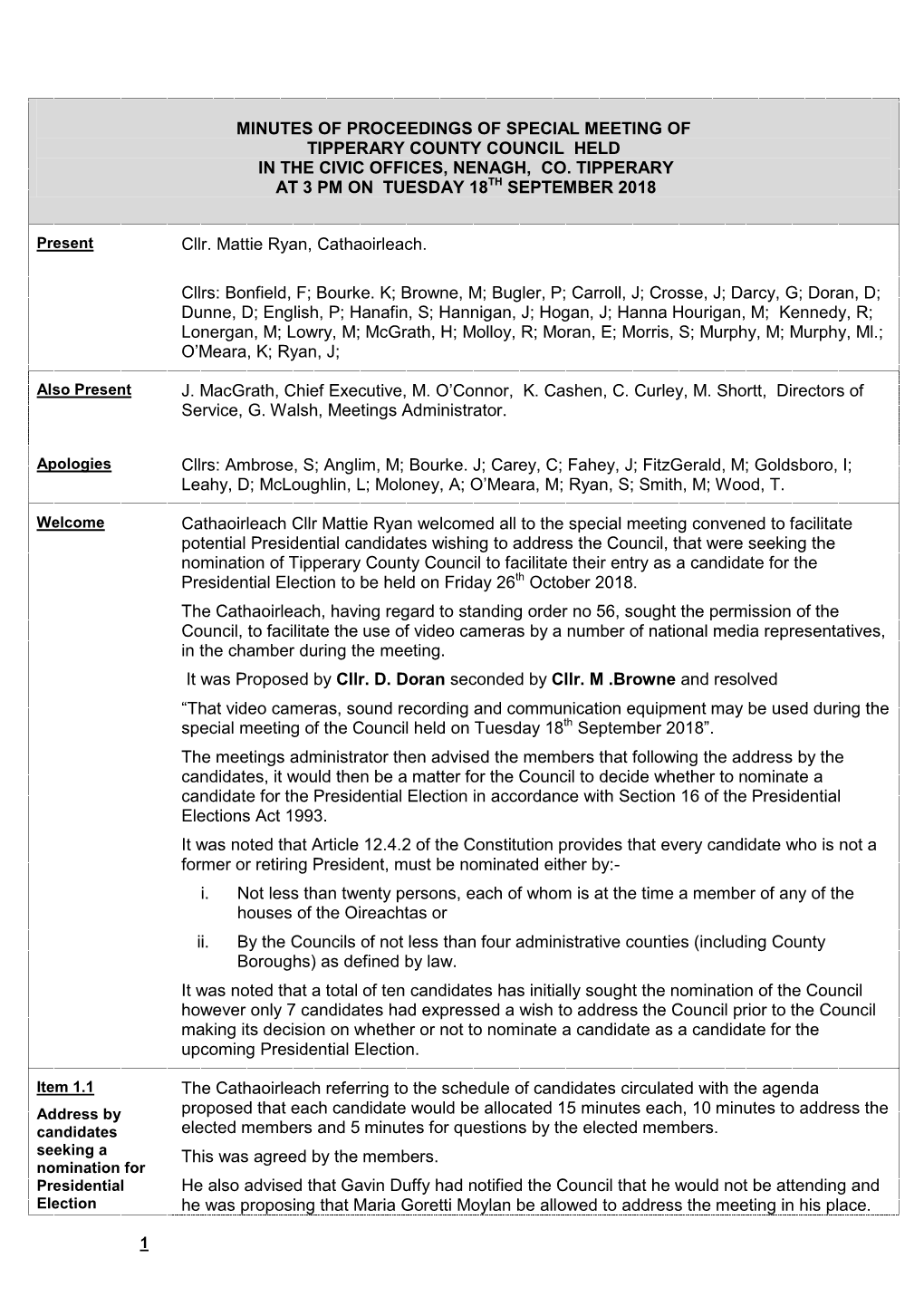 Adopted Minutes of Special Meeting