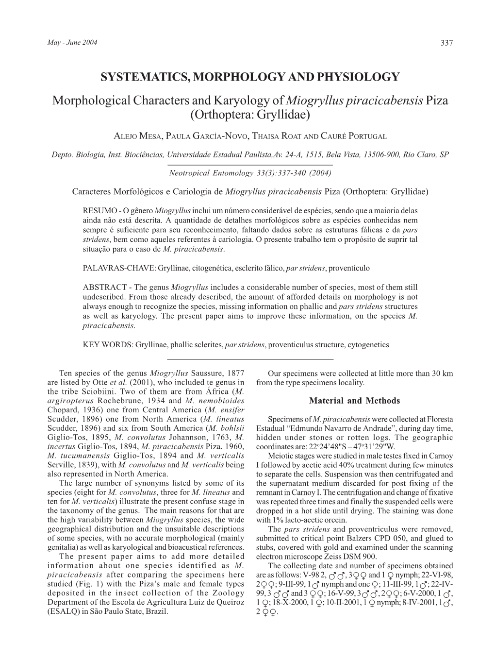 Morphological Characters and Karyology of Miogryllus Piracicabensis Piza (Orthoptera: Gryllidae)