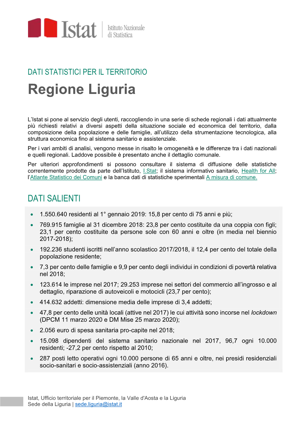 DATI STATISTICI PER IL TERRITORIO Regione Liguria