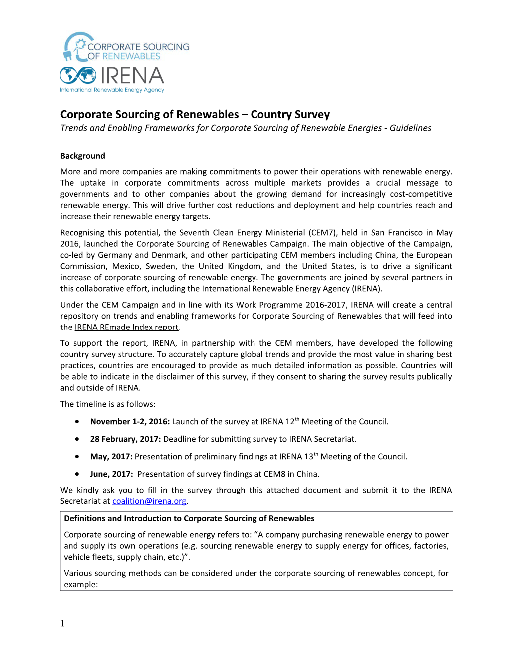 Corporate Sourcing of Renewables Country Survey