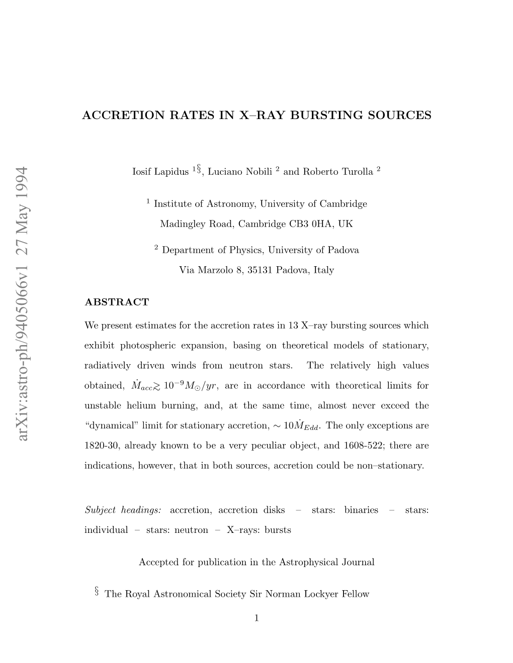 Accretion Rates in X--Ray Bursting Sources