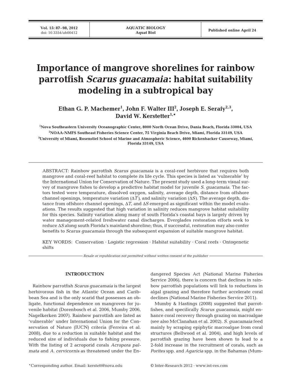 Importance of Mangrove Shorelines for Rainbow Parrotfish Scarus Guacamaia: Habitat Suitability Modeling in a Subtropical Bay