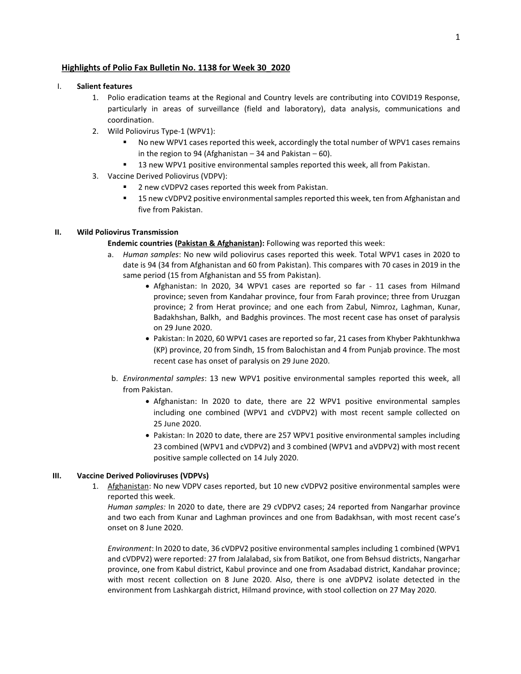 1 Highlights of Polio Fax Bulletin No. 1138 for Week 30 2020