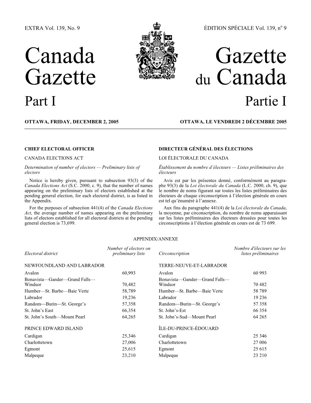 Canada Gazette, Part I, Extra