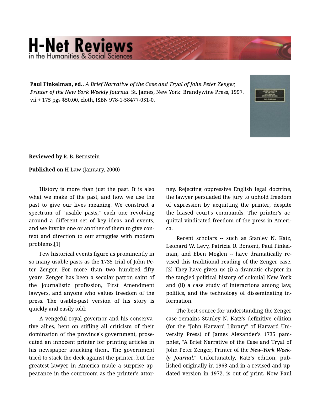 Paul Finkelman, Ed.. a Brief Narrative of the Case and Tryal of John Peter Zenger, Printer of the New York Weekly Journal
