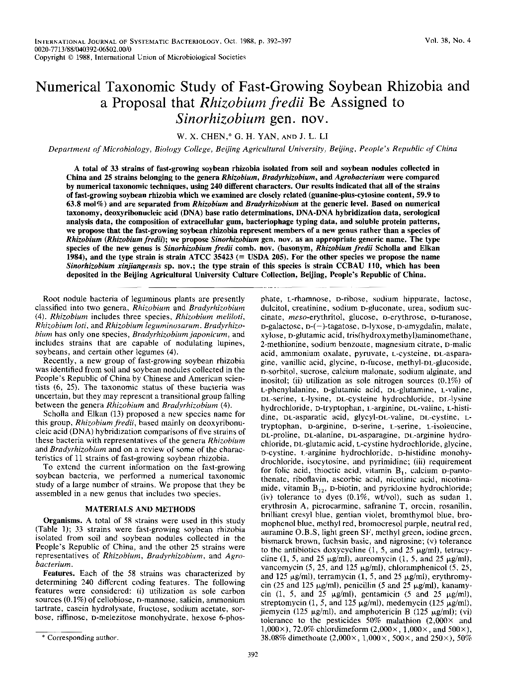 Numerical Taxonomic Study of Fast-Growing Soybean Rhizobia and a Proposal That Rhizobium Fredii Be Assigned to Sinorhizobium Gen