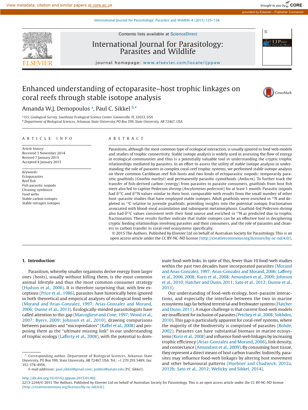 Enhanced Understanding of Ectoparasite–Host Trophic Linkages on Coral Reefs Through Stable Isotope Analysis Amanda W.J