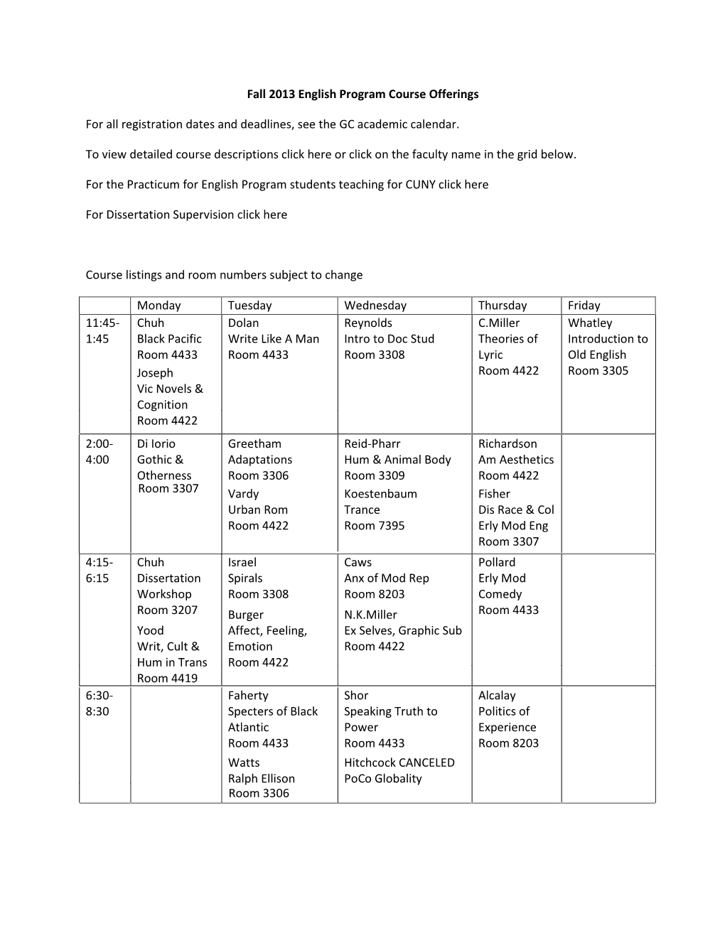 Fall 2013 English Program Course Offerings for All Registration Dates