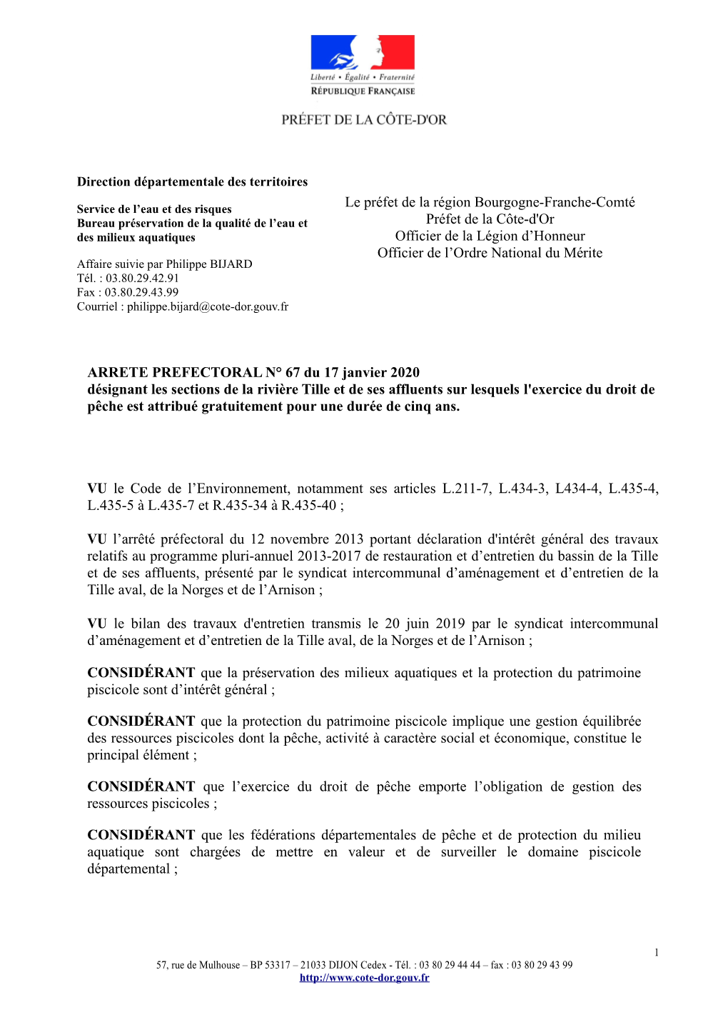 Arrêté Préfectoral N°67 Du 17/01/20 Désignant Les Sections De La Rivière