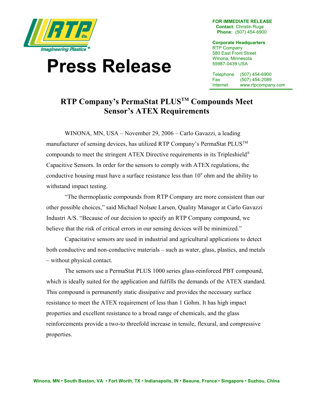 RTP Company Launches Elastomer Division