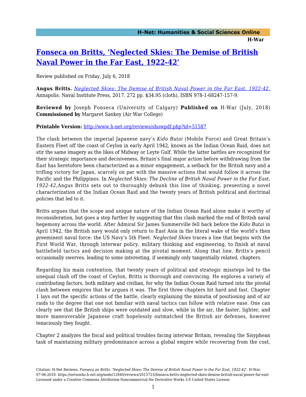 Neglected Skies: the Demise of British Naval Power in the Far East, 1922-42'