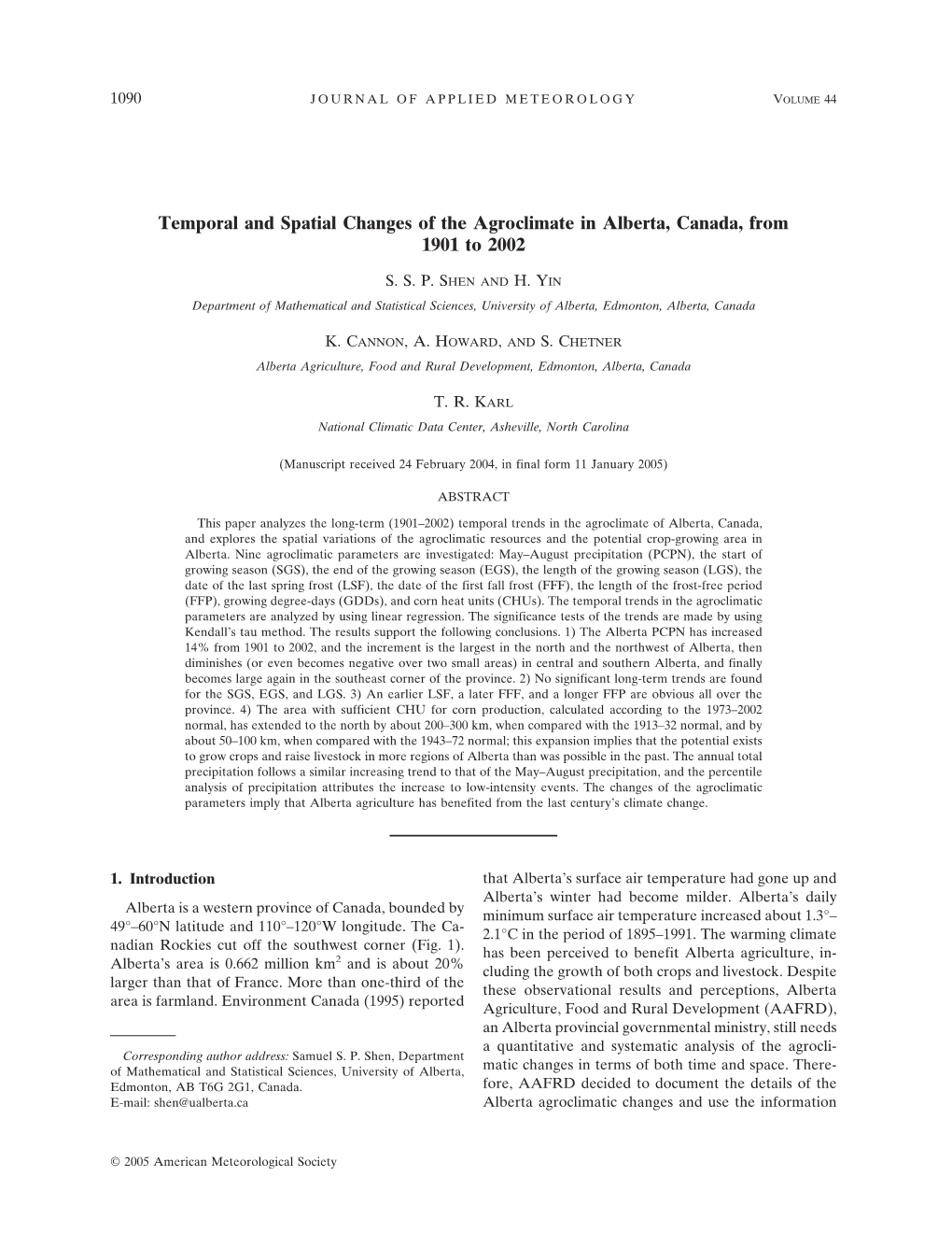 Temporal and Spatial Changes of the Agroclimate in Alberta, Canada, from 1901 to 2002